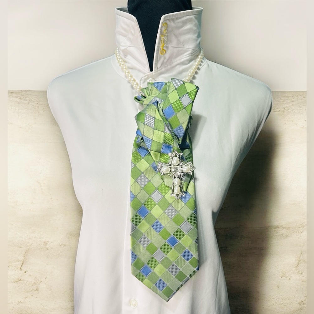 David Taylor Green and Blue Checkered Necktie with Cross Brooch